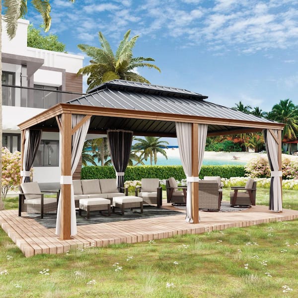 Gardenbee 12 ft. x 18 ft. Heat Transfer Gazebo with Double Galvanized Steel Roof, Ceiling Hook, Mosquito Netting and Curtains