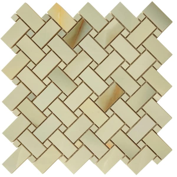 Splendor 4 in. x 4 in. Lappato Celadon Giada Porcelain Onyx Basketweave Mosaic Floor and Wall Tile Sample (0.14 sq ft)