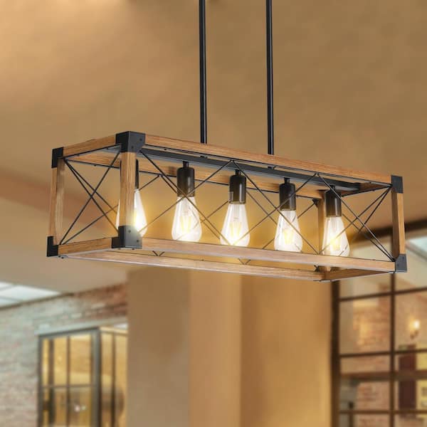 5-Light Walnut Rectangular Farmhouse Chandelier Fixture for Kitchen Island Dining Room with Solid Wood Frame