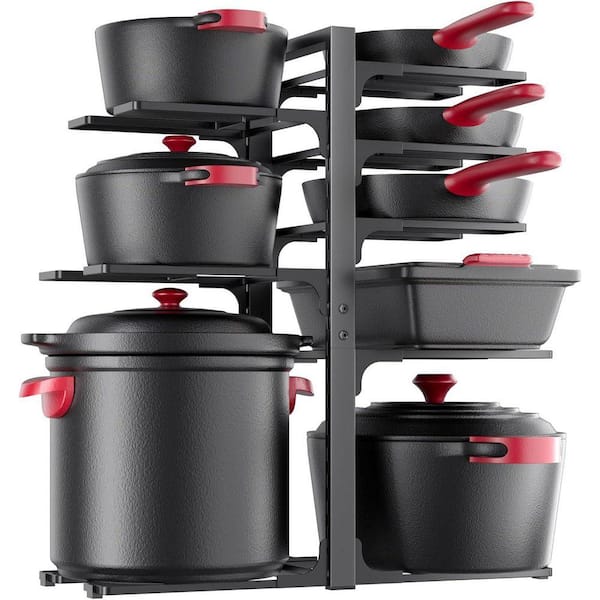 Black Metal Pots and Pans Organizer Adjustable 8-Tier Kitchen Cabinet Organizer for Heavy Cookware Storage