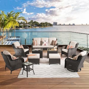 Joyoung Brown 10-Piece Wicker Swivel Outdoor Patio Conversation Seating Set with Beige Cushions