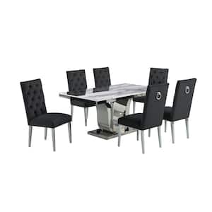 Ada 7-Piece White Marble Top with Stainless Steel Base Table Set with 6-Black Velvet Chairs with Tufted Buttons
