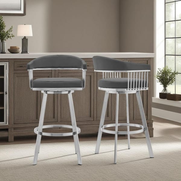Armen Living Chelsea 30 in. Gray/Brushed Stainless Steel High Back Metal Swivel Bar Stool with Faux Leather Seat