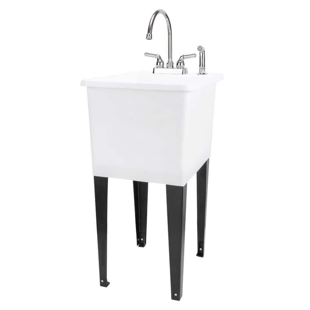 White Freestanding Utility Sink with Chrome Faucet and Sprayer