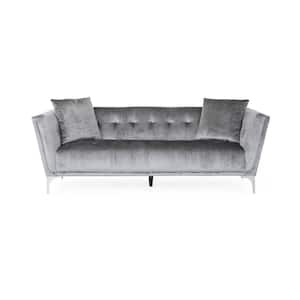 Emilio 86.5 in. Wide Square Arm Velvet Contemporary 3-Seater Sofa in Gray