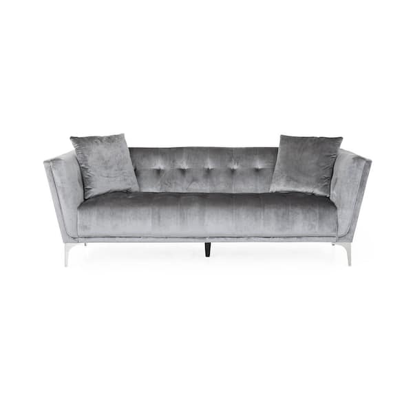 Noble House Emilio 86.5 in. Wide Square Arm Velvet Contemporary 3-Seater Sofa in Gray