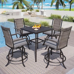 5-Piece Metal Bar Height Outdoor Bistro Set with Square Table and Rattan Bistro Chairs with Gray Cushion