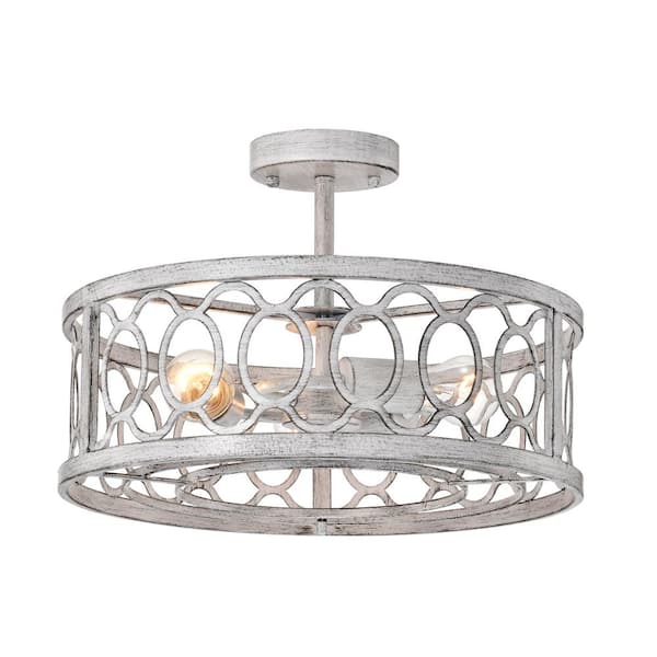 LINJO 16 in. Farmhouse 3-Light Matte White Semi-Flush Mount Ceiling Light Fixture with Shade and No Bulbs Included