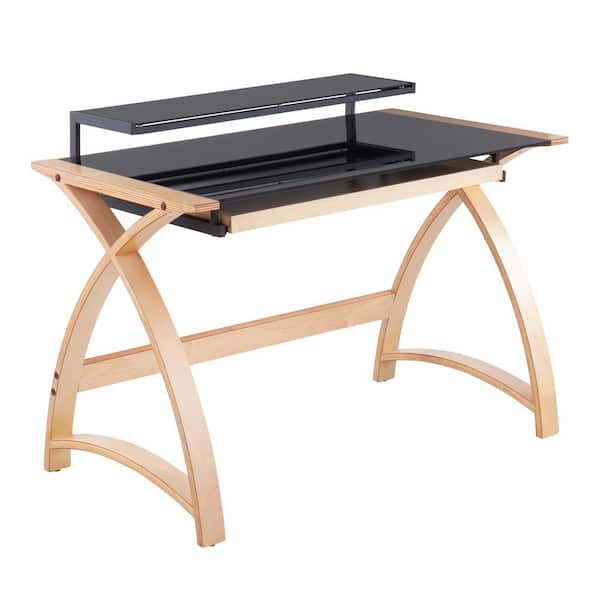 Lumisource Bentley 43 in. Natural Wood and Black Glass Computer Desk with Pull-Out-Drawer