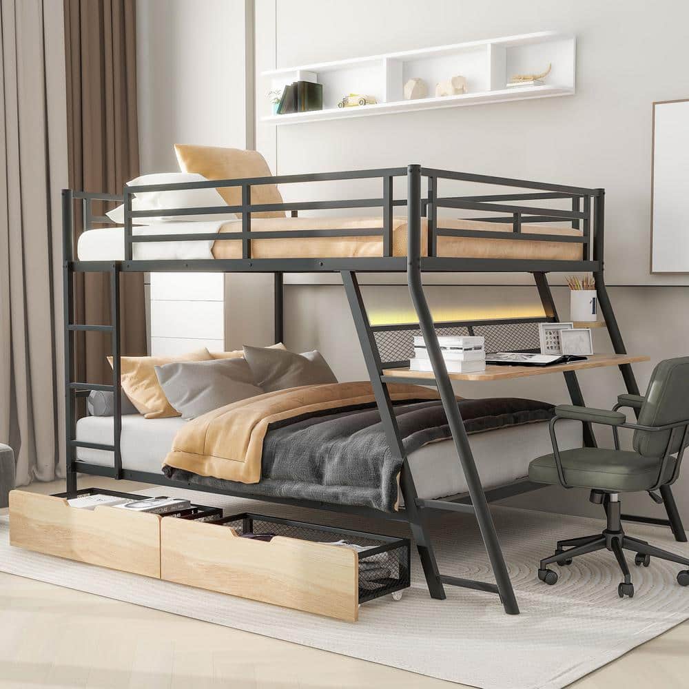 Harper & Bright Designs Black Full Size Metal Bunk Bed with Light ...