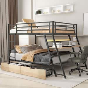 Black Full Size Metal Bunk Bed with Light, Built-in Desk and 2-Drawer