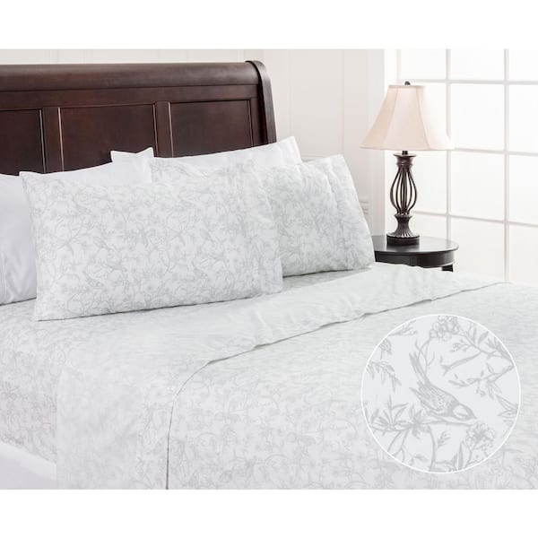 4-Piece Birds Botanical Sage Pattern Print Microfiber Bedsheets Set, Queen