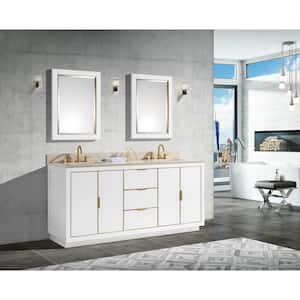 Austen 73 in. W x 22 in. D Bath Vanity in White with Gold Trim with Marble Vanity Top in Crema Marfil with White Basins