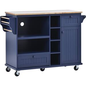 Runesay Blue Rubber Wood 53 in. W Kitchen Island Cart with Drop-Leaf ...