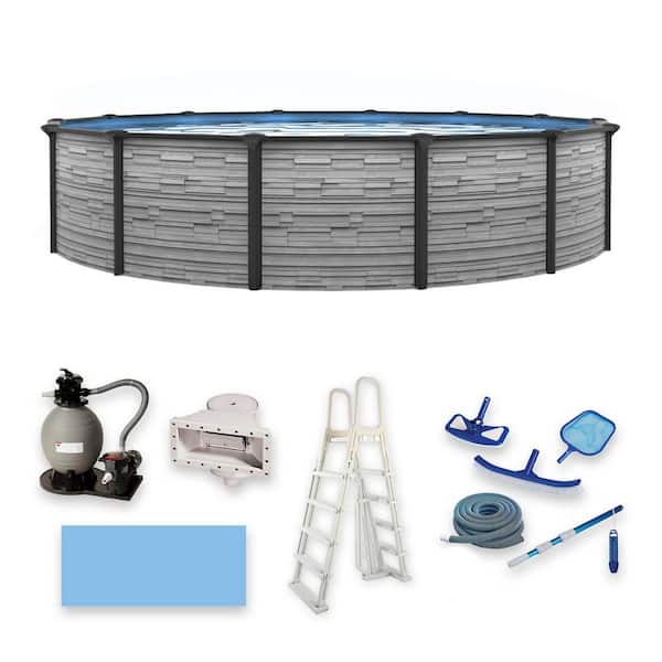 Montilla 24 ft. Round 52 in. Deep Steel Wall Above Ground Swimming Pool Package w/ 6 in. Top Rail