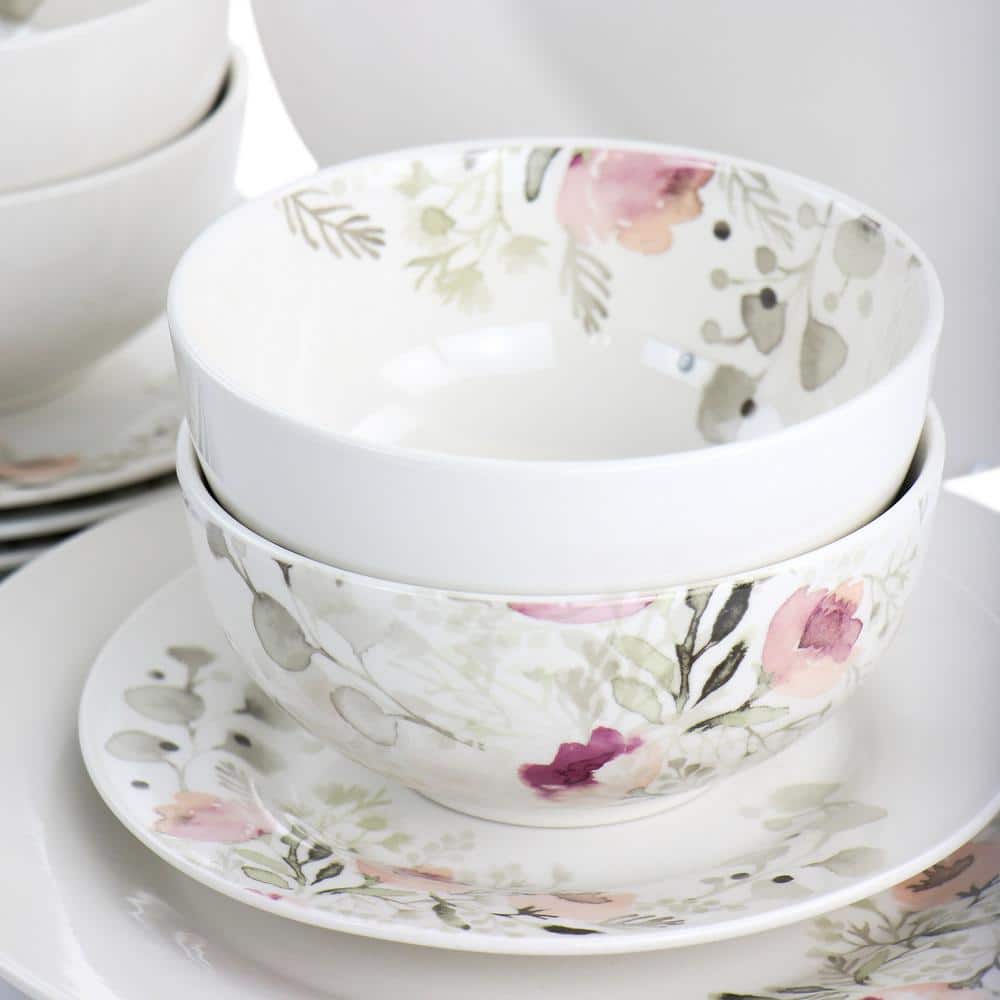 Lily Garden White and Pink Ceramic 12-Piece Floral Dinnerware Set