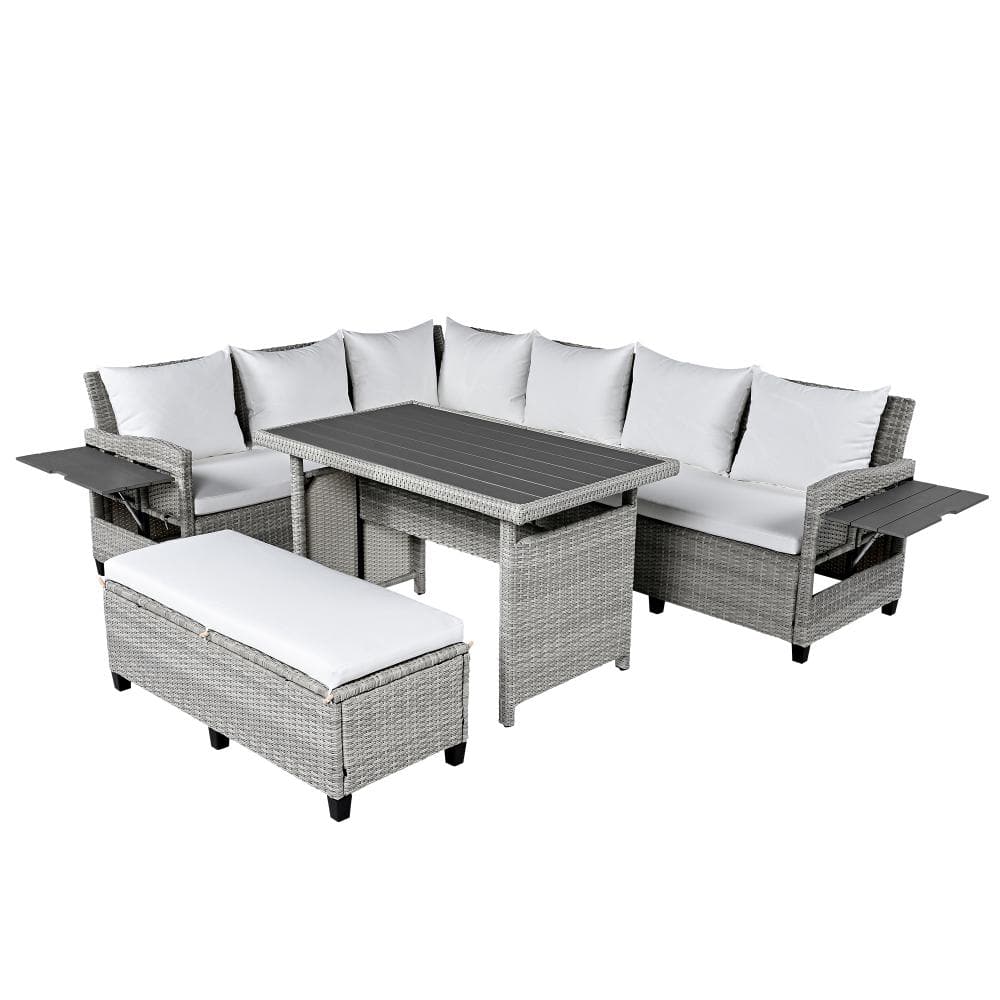 5-Piece White Patio Conversation Set PE Rattan Sofa with 2 Extendable Side Tables and Dining Table price history on PriceWatchPro