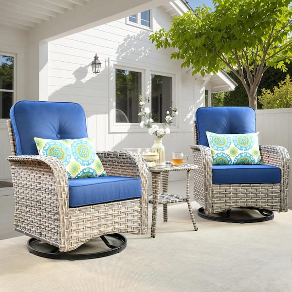 OVIOS Vinceny Gray 3-Piece Wicker Patio Conversation Seating Set with Navy Blue Cushions and Swivel Chairs