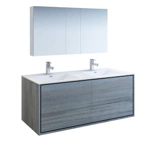Catania 60 in. Modern Double Wall Hung Vanity in Ocean Gray with Vanity Top in White with White Basins,Medicine Cabinet