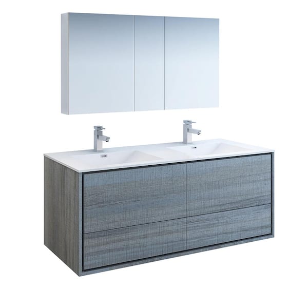 Fresca Catania 60 in. Modern Double Wall Hung Vanity in Ocean Gray with Vanity Top in White with White Basins,Medicine Cabinet
