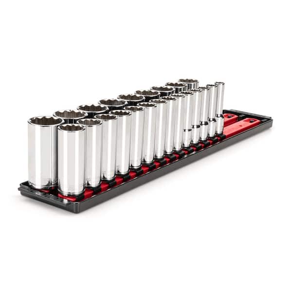 TEKTON 1/2 in. Drive Deep 12-Point Socket Set with Rails (10 mm-32 mm) (23-Piece)