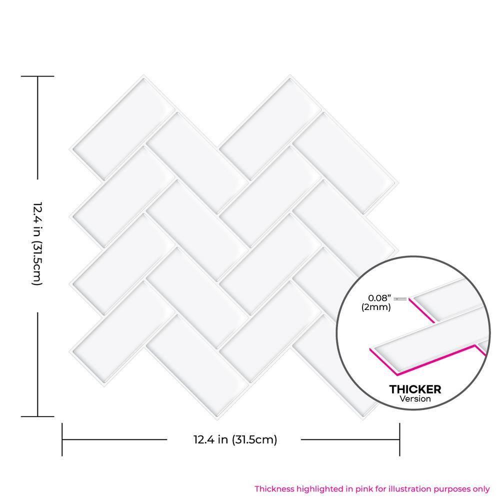 White 12" x 12" PVC Peel and Stick Herringbone Tile