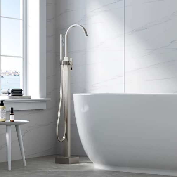 Single-Handle Floor-Mount Freestanding Tub Faucet with Hand Shower in. Brushed Nickel