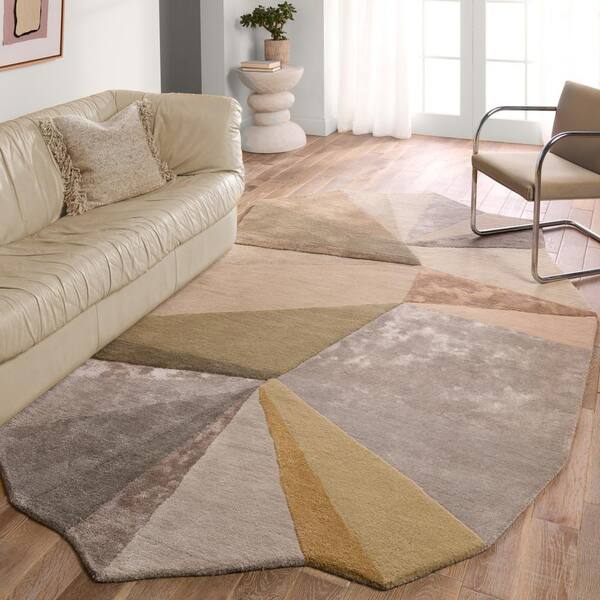 Tan Felt Rug with Brown and Orange Shapes with Orange or Grey Trim