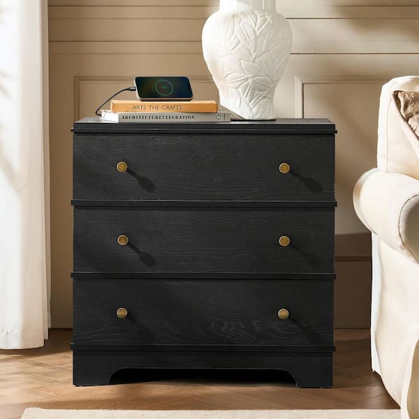 Carla Black 3-Drawer 26 in. W Nightstand with Built-In Charging Station