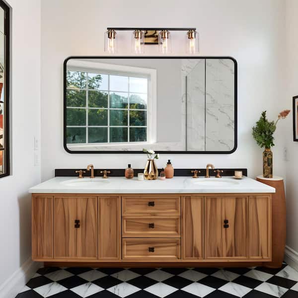 28 in. 4-Light Modern Brass Bathroom Vanity Light, Seeded Glass Black Bath Lighting, Vintage Bath Bar Vanity Light