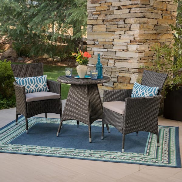 Noble House Melissa 28.35 in. Grey 3-Piece Faux Rattan Round Outdoor Bistro Set with Silver Cushions