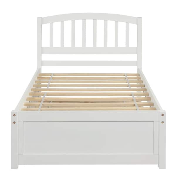 White Wood Twin Platform Bed Frame with Trundle and Solid Pine Slats durable construction easy to install