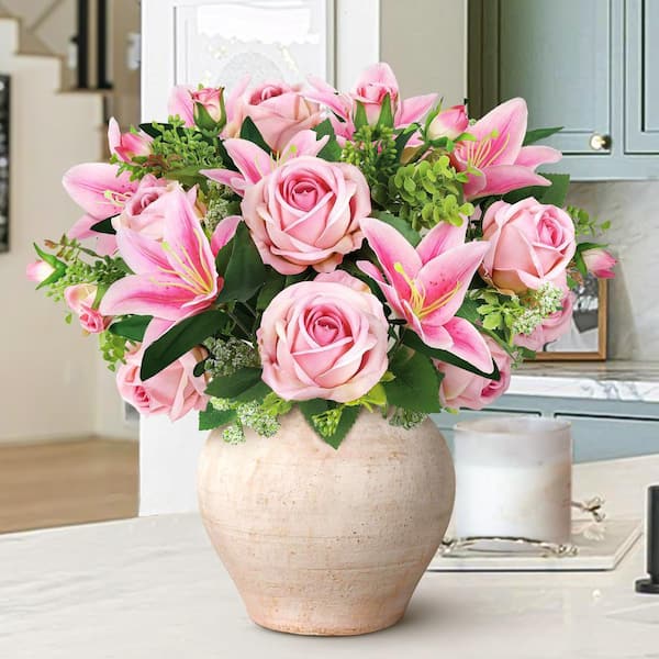 LIVING LUXURY 18 in. Pink Artificial Mixed Rose Stargazer Lily