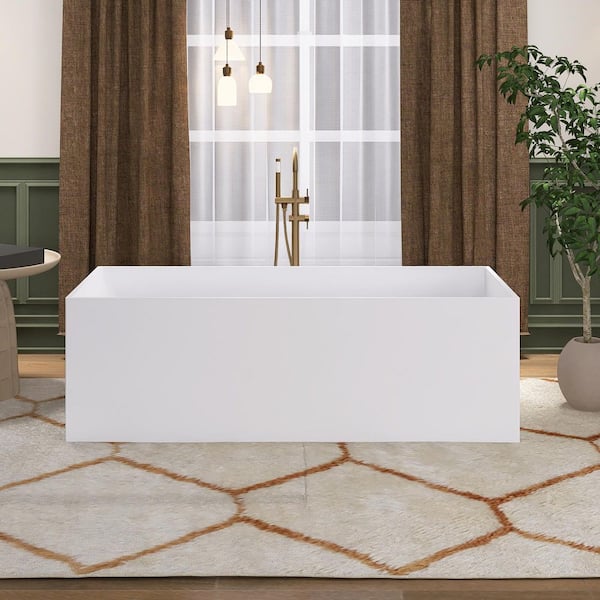 66.9 in. x 28.3 in. Solid Surface Stone Resin Freestanding Soaking Bathtub with Reversible Drain in Matte White