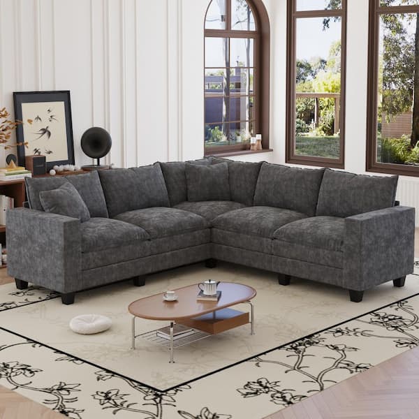 Ken 97 in. Chenille Upholstered Rectangle Sectional Sofa in. Dark Gray with Armrest Storage