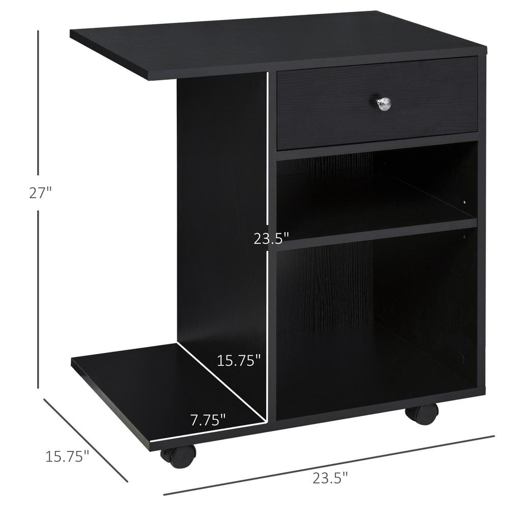 Black Mobile Printer Stand with Drawer and Adjustable Shelf