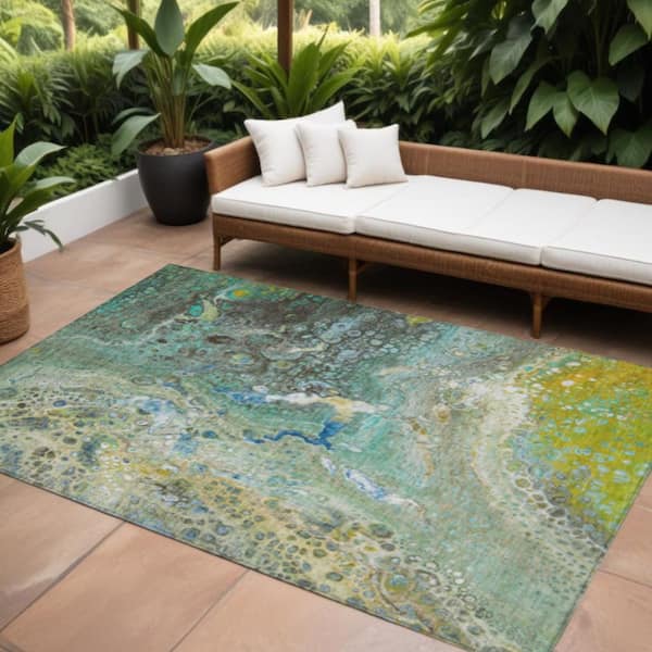 Teal Blue, Lime Green, Green 8 ft. x 10 ft.  Woven Abstract Polyester Rectangle Indoor / Outdoor Area Rug