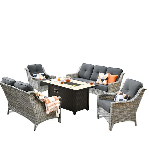 Verona 5-Piece Wicker Modern Outdoor Patio Fire Pit Furniture Conversation Sofa Loveseat Set with Black Cushions