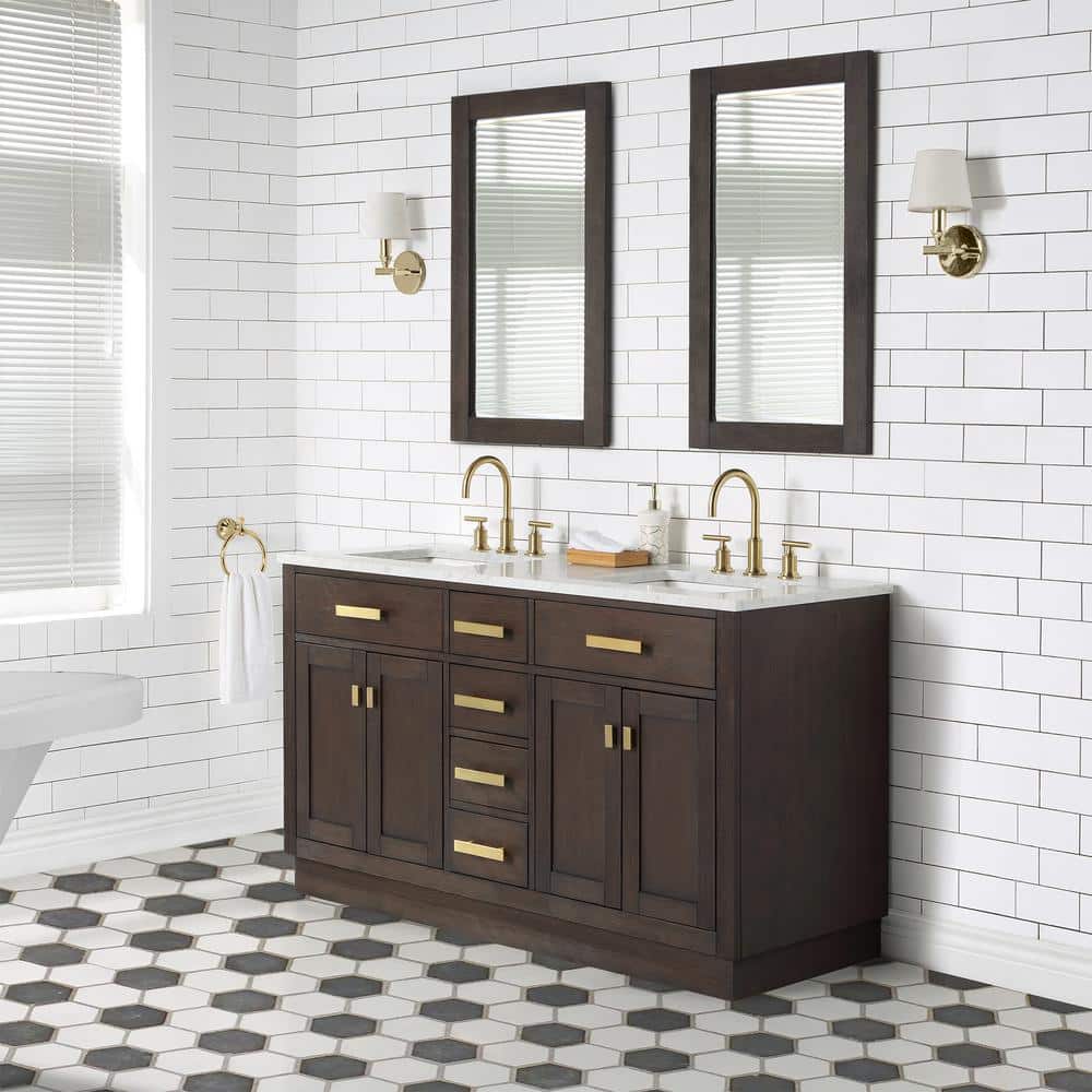 Chestnut 60" Brown Oak Double Bathroom Vanity with Gold Accents