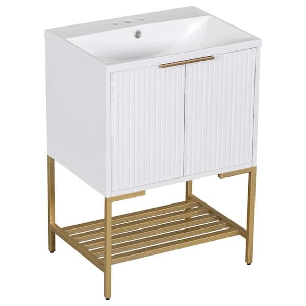 FUNKOL 24 in. W Modern Freestanding Bathroom Vanity with 1 White Ceramic Sink, Doors, Shelf and Gold Metal Frame in White