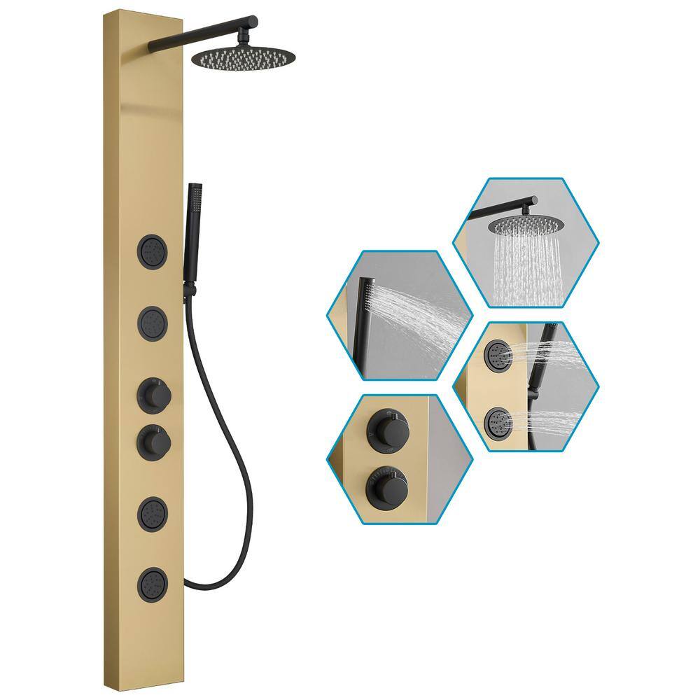 Gold and Black Stainless Steel Shower Panel System with Rainfall Showerhead