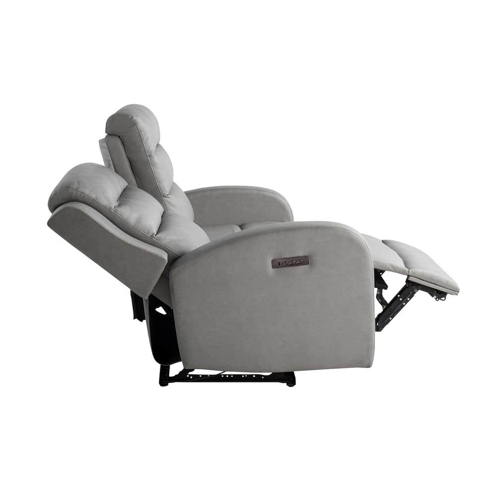 Gray Faux Leather Channel Tufted Reclining Loveseat with Acacia Wood