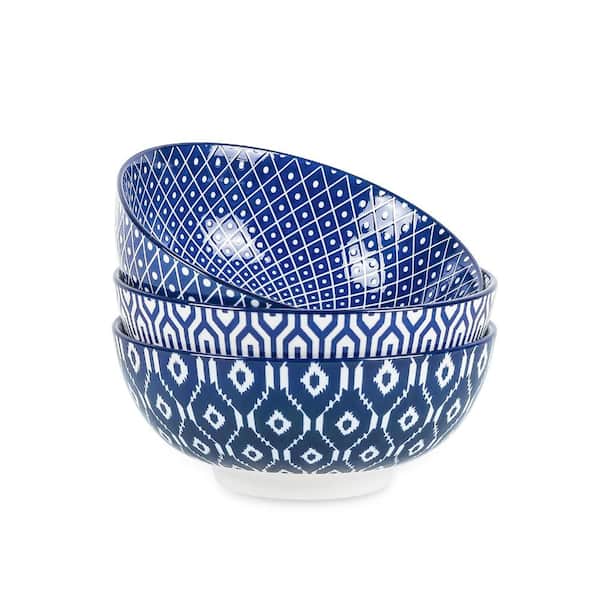 Ceramic Large Salad Bowls Set, 53 oz Capacity, 8 in. Serving Bowls, 3-Piece Stackable Vintage Blue Trio