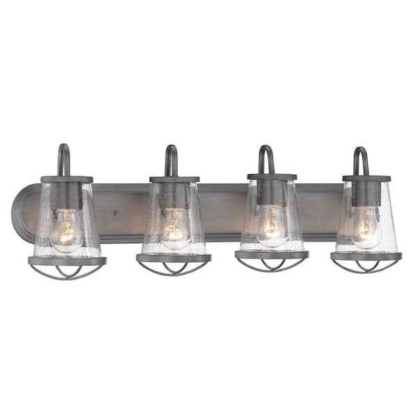 Darby 30 in. 4-Light Weathered Iron Industrial Vanity Light with Clear Seeded Glass Shades