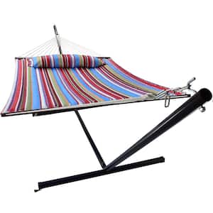 6.25 ft. Heavy-Duty Hammock Bed with Stand and Spreader Bars and Detachable Pillow in Blue and Red
