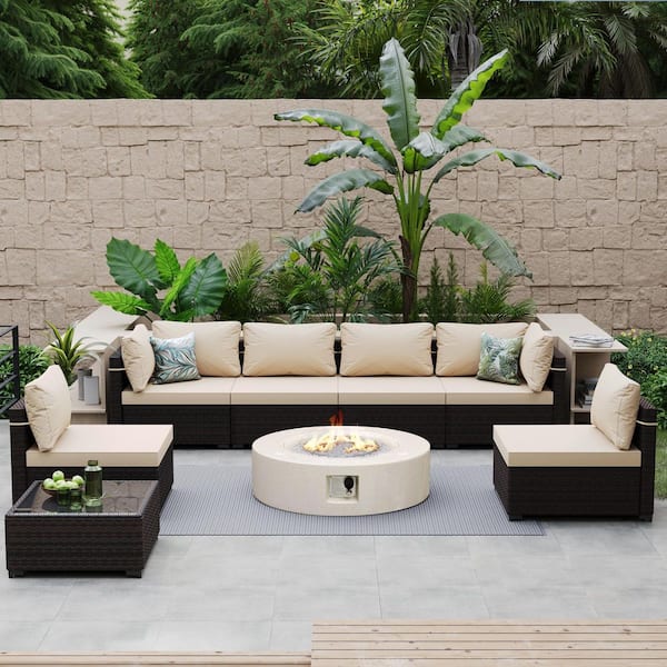 8-PieceWicker Patio Conversation Set with Cushions and 42 in. Outdoor Round Fire Pit Table, Beign Cushions