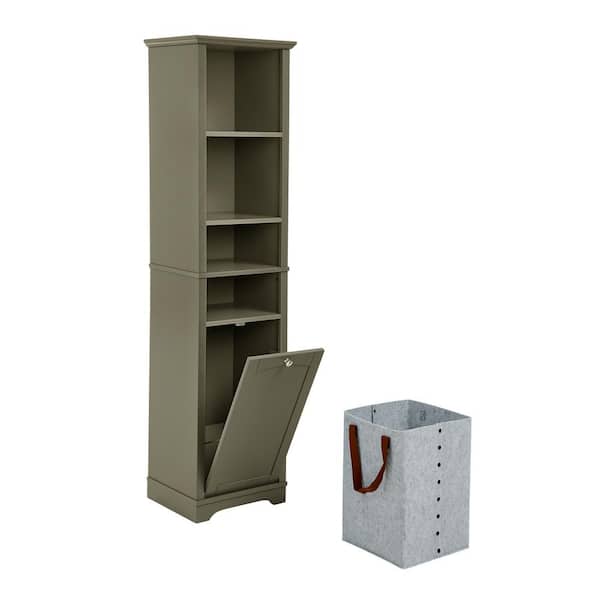 16 in. W x 14 in. D x 64 in. H Gray Freestanding Bathroom Linen Cabinet with Laundry Hamper