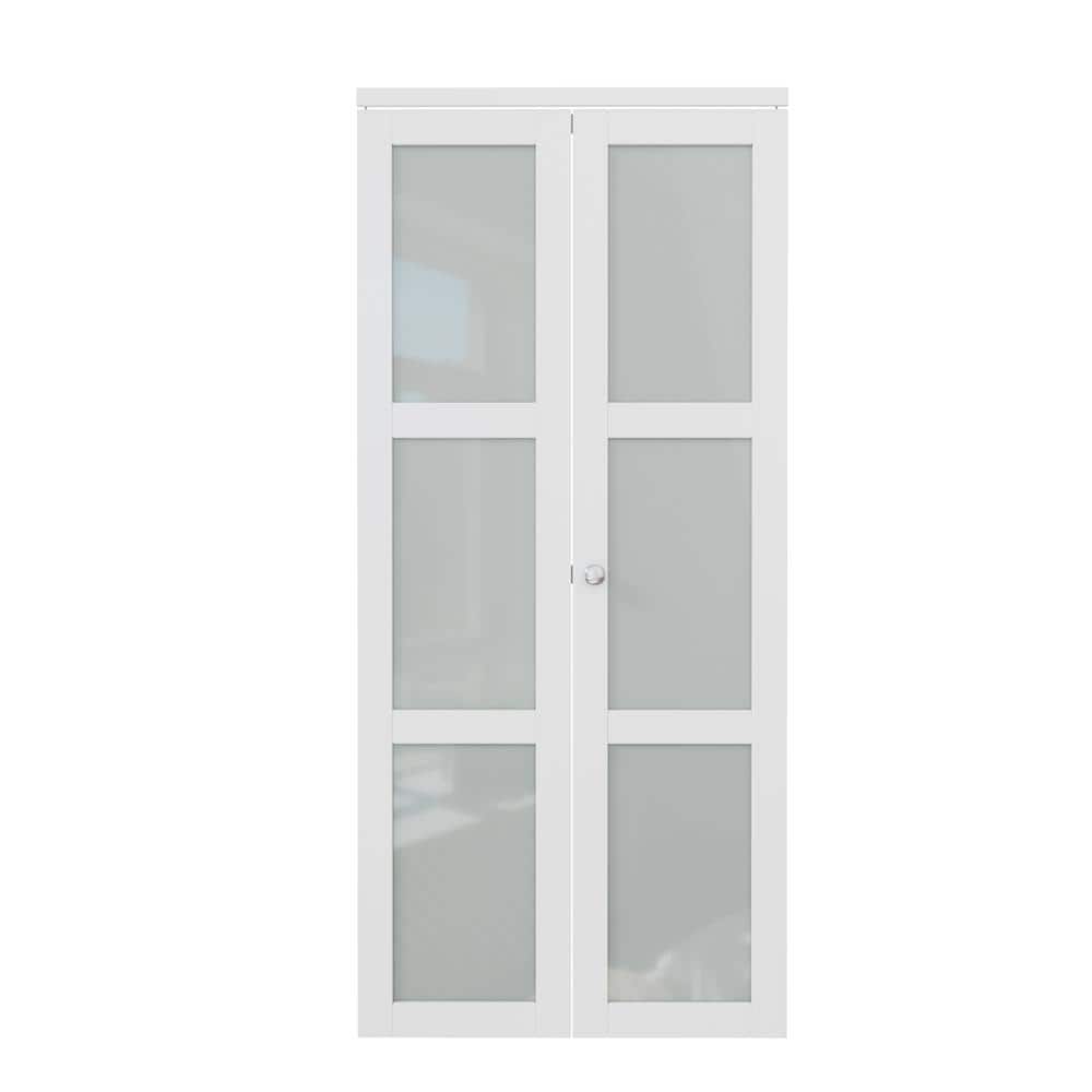 36 in. x 80 in. White Primed MDF Bi-Fold Door with Frosted Glass Panels