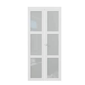 36 in. x 80 in. 3-Lite Tempered Frosted Glass Solid Core MDF White Primed Bi-Fold Door with Hardware Kit