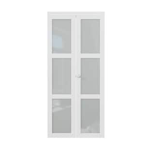 36 in. x 77.7 in. 3-Lite Tempered Frosted Glass Solid Core MDF White Primed Bi-Fold Door with Hardware Kit